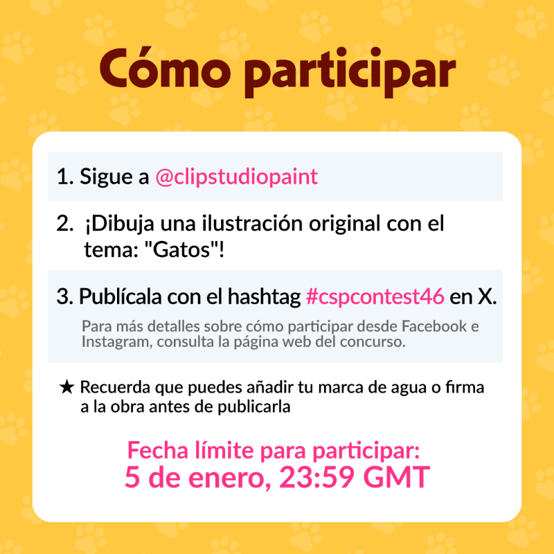 clipstudiopaint's tweet photo. ¡Da comienzo nuestro 46.º Concurso Internacional de Ilustración!🎉

¡El tema es "Gatos"! ¡Dibuja una ilustración original que ronronee creatividad pura!
¡Publica tu obra desde tu red social favorita con los hashtags del concurso!