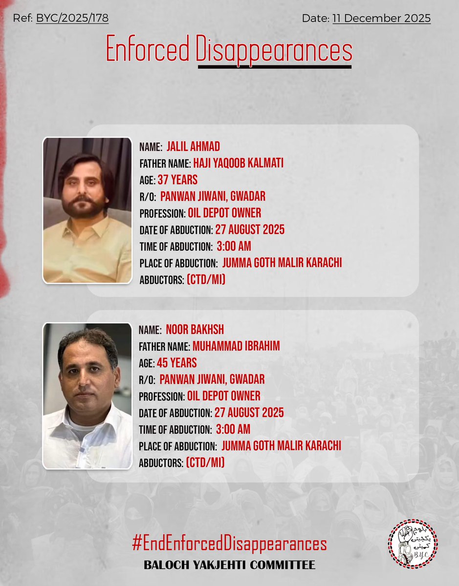 BalochYakjehtiC's tweet photo. 𝗘𝗻𝗱 𝗘𝗻𝗳𝗼𝗿𝗰𝗲𝗱 𝗗𝗶𝘀𝗮𝗽𝗽𝗲𝗮𝗿𝗮𝗻𝗰𝗲𝘀!

#EndEnforcedDisappearances
#StopBalochGenocide https://t.co/DjsSfjfnMX