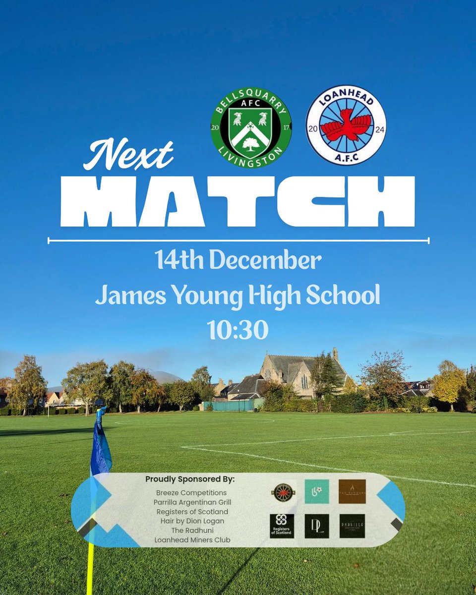 The last fixture before the festive break sees us travel to Bellsquary in the league.

📅 14th December, 10:30 KO
📍 James Young High School 3G, EH54 6NE