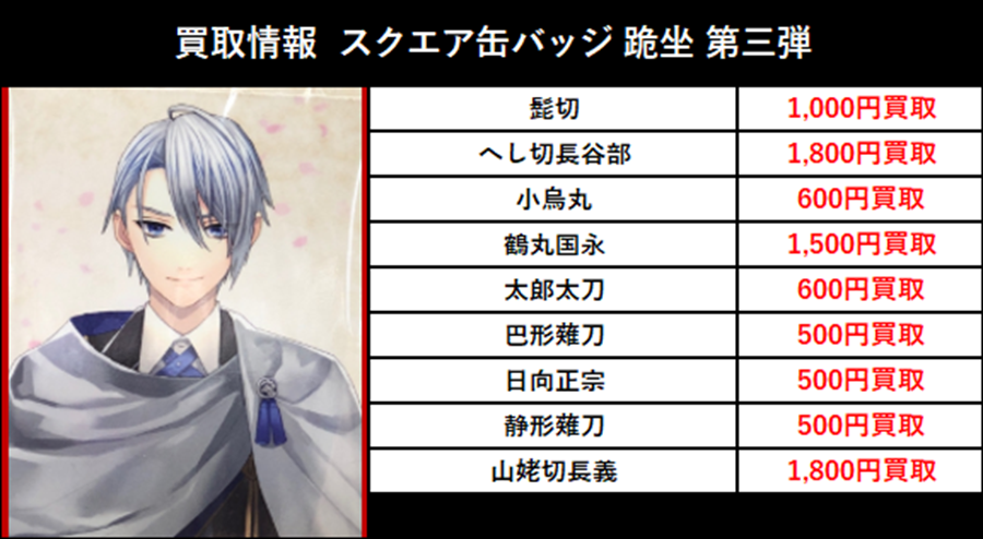 買取情報】2025/12/11更新 刀剣乱舞 スクエア缶バッジ 跪坐 第三弾