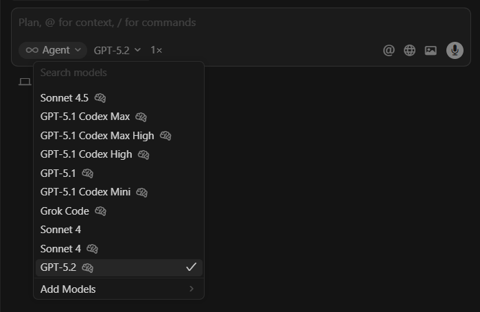 Cursor IDE 내 GPT-5.2 선택 옵션 화면