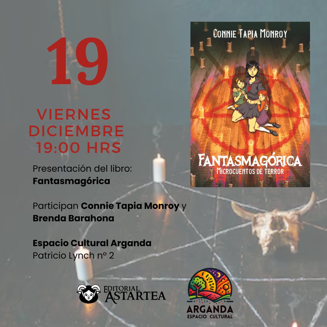 👻Todos invitados a la presentación del libro Fantasmagórica de Connie Tapia Monroy.

📚Participan Brenda Barahona y la autora.

⏳19:00 hrs.
📍 Espacio Cultural Arganda 
📌 Patricio Lynch #02

Los esperamos!!! 😉