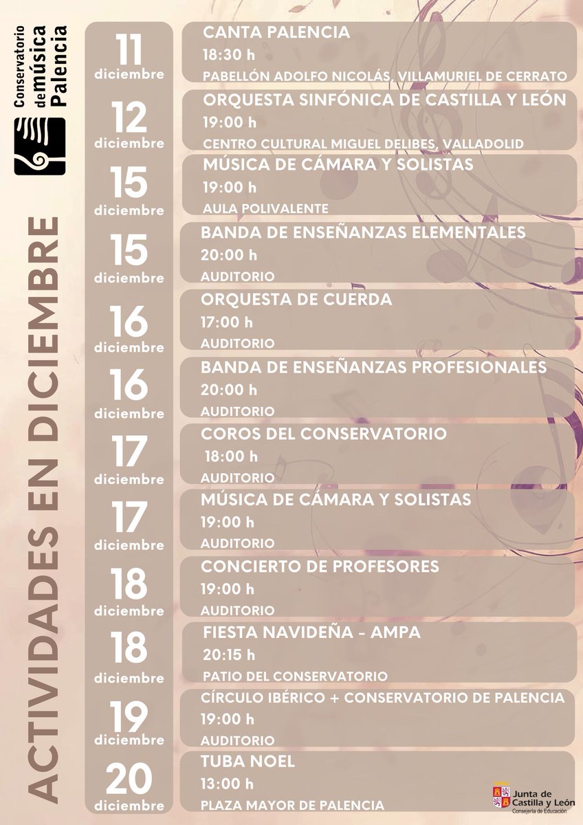 Recordamos las actividades mas importantes que se van a celebrar en el Conservatorio durante este mes de diciembre.

Recordamos que podéis ver todas las actividades que se realizan en la página web del Conservatorio:

…vatoriopalencia.centros.educa.jcyl.es/sitio/index.cgi