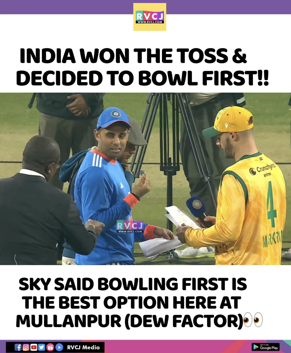 RVCJ_Sports's tweet photo. India starts smart! 🇮🇳🔥 Winning the toss and choosing to bowl—perfect call with the dew factor! 👀💪
#TeamIndia #INDvsSA #CricketFever #TossUpdate #SKY #CricketStrategy #IndianCricket #DewFactor #MatchDay #BleedBlue #RVCJMedia https://t.co/E4sZEpDYpg