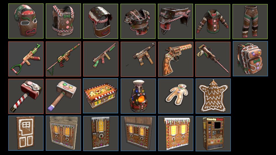 【RUSTスキンプレゼント】
「Gingerbread」のスキン、画像の26点を抽選で1名様にプレゼント。

期限:2025年12月18日(木)21：00まで
条件:フォロー＆リポスト
※配信者の方はチャンネルURLをリプで確立２倍
※個人の方は推しRUST配信者をリプで確率２倍

#RUST #SKIN