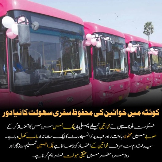 کوئٹہ میں خواتین کی محفوظ سفری سہولت کا نیا دور
حکومت بلوچستان نے خواتین کیلئے پہلی بار پنک بس سروس کا آغاز کر کے صوبے میں محفوظ، باوقار اور جدید ٹرانسپورٹ کا ایک شاندار باب کھول دیا ہے یہ قدم نہ صرف خواتین کے اعتماد کو بڑھاتا ہے 
#BalochistanProgress
#BalochistanRising
#GreenBus