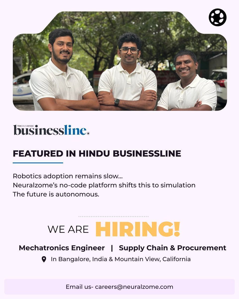 Featured in The @The_Hindu  <a href="/businessline/">businessline</a> 
@Neuralzome's NeuralPilot enables demos to simulate, generate &amp; auto-annotate data to train &amp; transfer VLA models hardware-agnostically.

We're hiring Mechatronics Engineer &amp; Supply Chain Procurement
Drop your CV- careers<a href="/neuralzome/">Neuralzome Cybernetics</a>.com