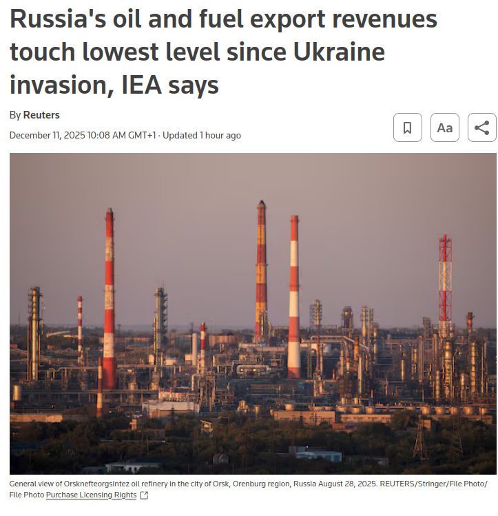 🚨🇷🇺🇺🇦 Les revenus russes issus des exportations de pétrole sont tombés en novembre à leur plus bas niveau depuis l'invasion de l'Ukraine.

Une chute des volumes et des prix que l'AIE attribue à la fois à l'impact des attaques de drones ukrainiens et des sanctions occidentales.