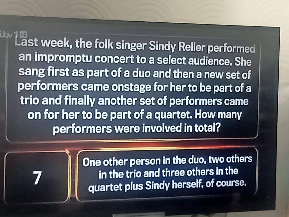 JCAberdeen's tweet photo. @1PercentClubITV Isn't this the wrong answer? 
After singing as part of a duo, the question says ". .. a new set of performers..." - performers, plural.
Yet, the answer says one person joined her to make up a trio, but one person is neither a set, nor plural.
Or, am I missing something? https://t.co/MePWRmaTmJ