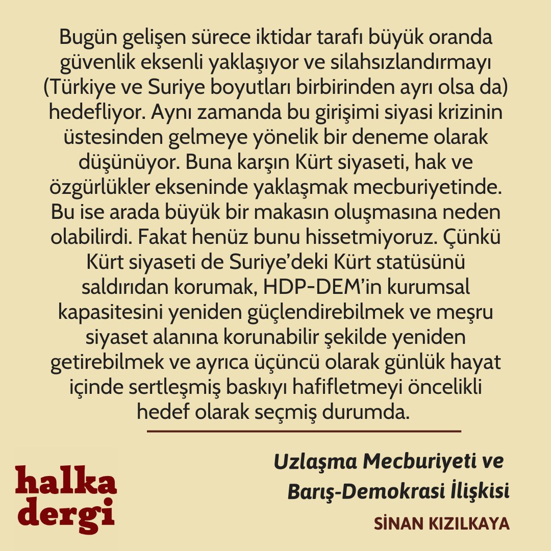 halkadergi's tweet photo. Sinan Kızılkaya, Halka Blog için yeni çözüm sürecinin geldiği duruma dair “Uzlaşma Mecburiyeti ve Barış-Demokrasi İlişkisi” başlıklı bir yazı kaleme aldı. 

Yazının tamamı için link: https://t.co/JbraN6uwhr https://t.co/JR5zGFIvuB
