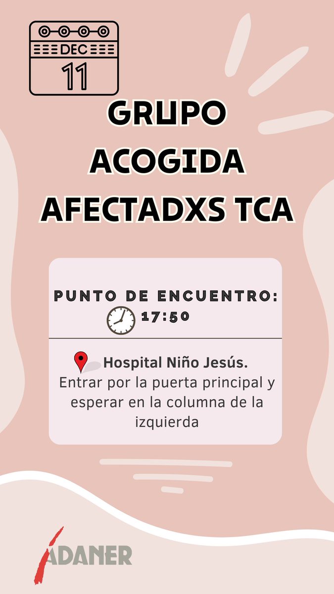Esta tarde, estaremos en el punto de encuentro habitual del H. Niño Jesús para una nueva sesión del Grupo de Acogida. Si tienes un TCA y +18 años, puedes unirte a nosotrxs 🫂

#TCA #anorexia #bulimia #trastornoporatracón #ayudatca #grupodeautoayuda #GrupodeApoyo #adanermadrid