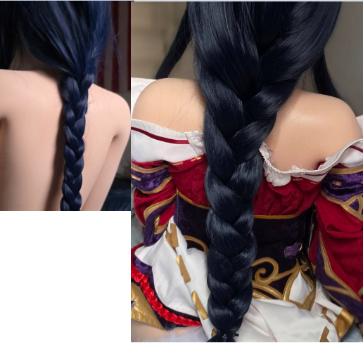 AgonysEmbrace68's tweet image. huge difference, her new hair is darker and looks more like the in-game color. Previous one was too blue.

Also I gotta thank my mom for braiding Ahri's hair because I suck at it.