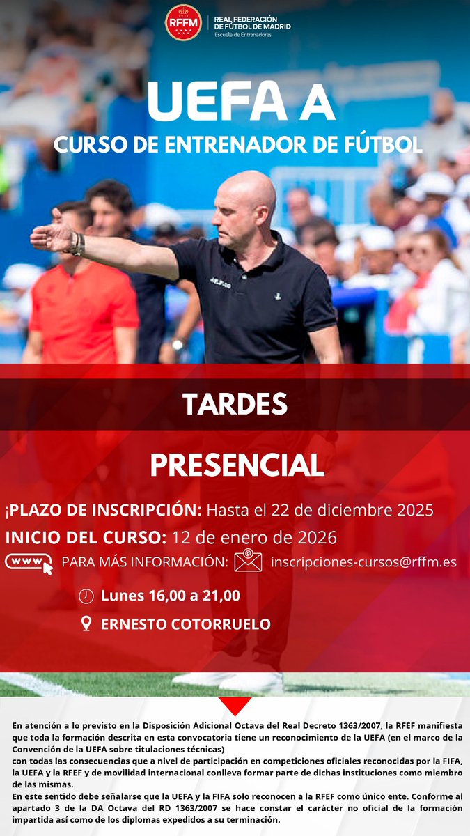Si ya eres entrenador UEFA 🅱️, puedes acceder al curso UEFA 🅰️ que comenzará el 1⃣2⃣ de enero en Cotorruelo en horario de tarde.

Con esta licencia, podrás ejercer como 2º entrenador en Primera División y abrir horizontes profesionales en países UEFA. 

🔗 academia.rfef.es/fed/soUmAGlEt2…