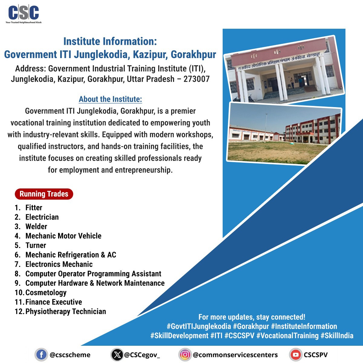 Building skilled futures across India! Discover our ITI &amp; Polytechnic campuses offering hands-on training for tomorrow’s workforce.

#CSC #CSCAcademy #VocationalTraining #CSCSPV #SkillIndia #DigitalTransformation #Skilling #CSCEducation