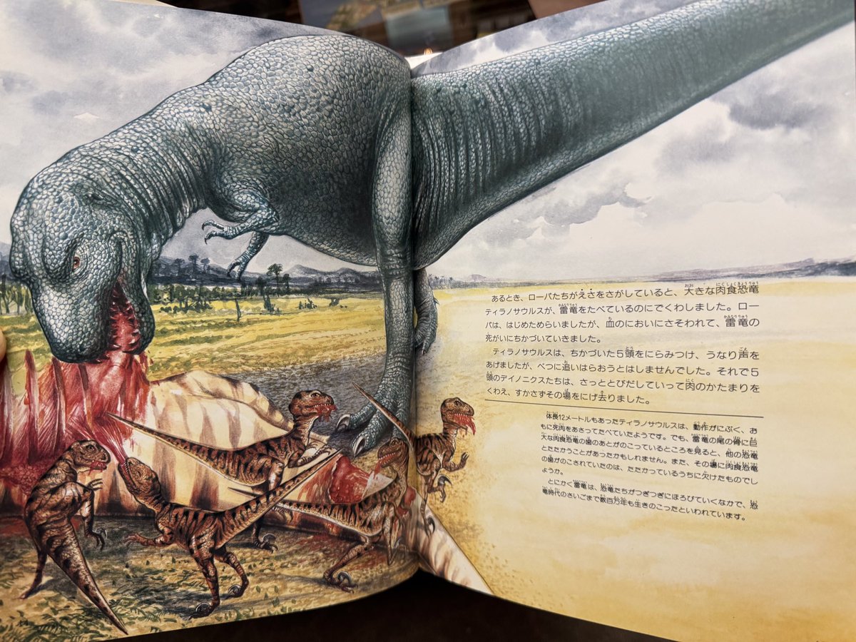 絵本「肉食恐竜デイノニクス」より 1987年発刊なので、ある意味ジュラシックパークの先駆的組み合わせ 食べられてる竜脚類はブロントサウルス  なぜか時代の違う三種が一緒に しかもTレックスは懐かしい死肉食メイン この時代の主な竜脚類はサウロポセイドン そして巨大獣 ..., image size:1200x900