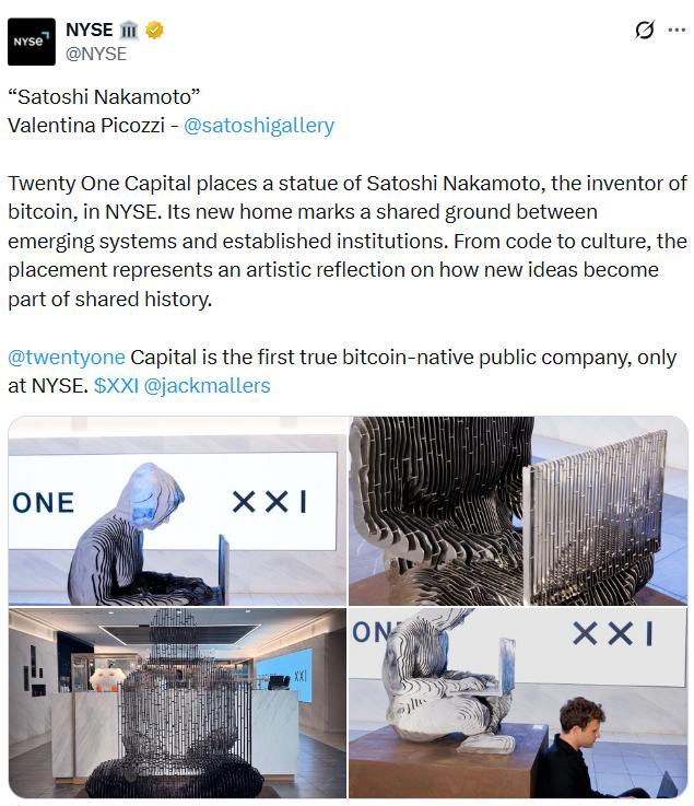 BaltykaCryptos's tweet photo. 🗽 ADOPTION: Satoshi Nakamoto statue now stands at the NYSE, marking crypto's evolution from Wall Street taboo to institutional acceptance. #SatoshiNakamoto #CryptoAdoption #NYSE https://t.co/3SZqm1r7gd