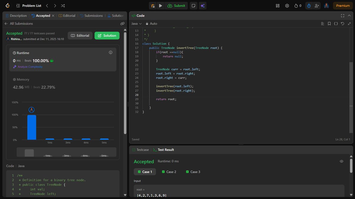 RishirajSingh_X's tweet image. Day 88 of #100DaysOfCode ✅
Solved LeetCode #226: Invert Binary Tree 🌳🔄
Classic tree problem — recursion felt smooth and intuitive today 💪
Binary Trees are becoming easier with every new question 🚀
 #LeetCode #BinaryTree #DSA #CodingJourney
