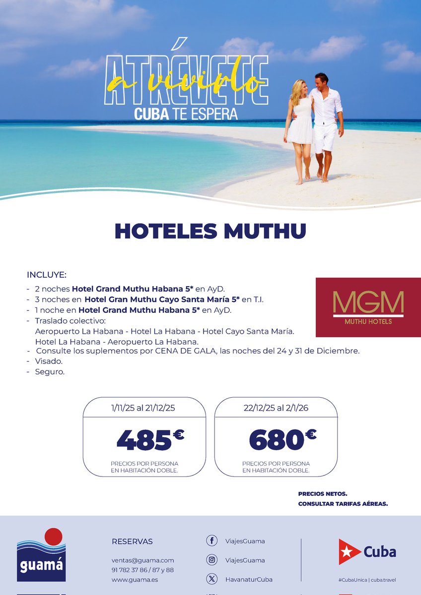 ¡Atrévete a conocer Cuba en Diciembre! 🏖🇨🇺🌴Es una época maravillosa, con clima ideal y planes inolvidables. Alójate en Navidad en Hoteles Muthu y sorpréndente.

#CubaTeEspera #AtreveteaVivirlo #traveling #DestinoCuba #viajes