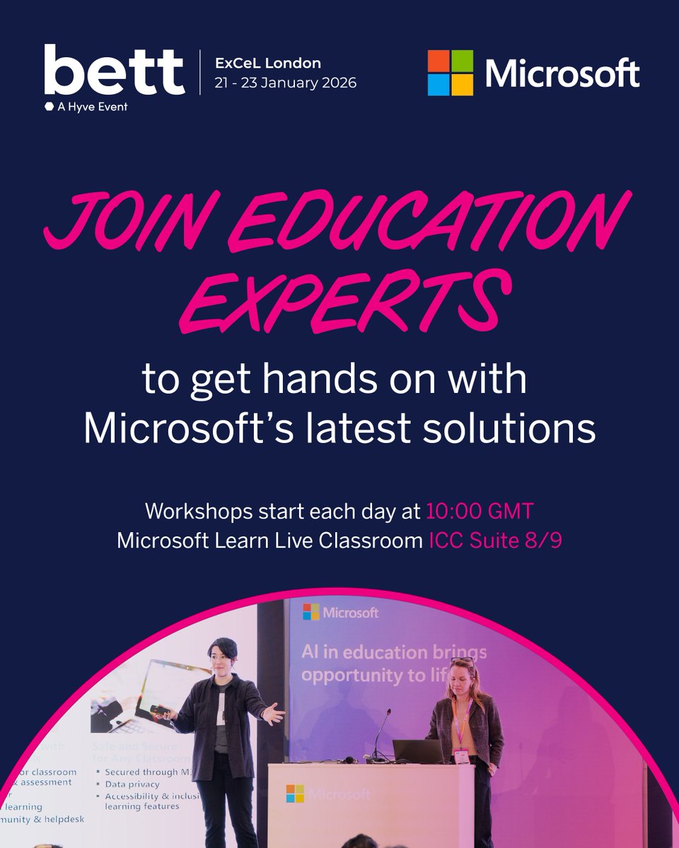 Bett_show's tweet photo. Join @MicrosoftEdu at Bett UK 2026 in Tech User Labs! Learn to create personalised, student-centered experiences that foster inclusion & boost engagement. Explore Copilot, Learning Accelerators, Minecraft Education & more!👉https://t.co/OWeLQ0SQN0
#Microsoft #WorldwidePartner https://t.co/hKxZG0d2QA