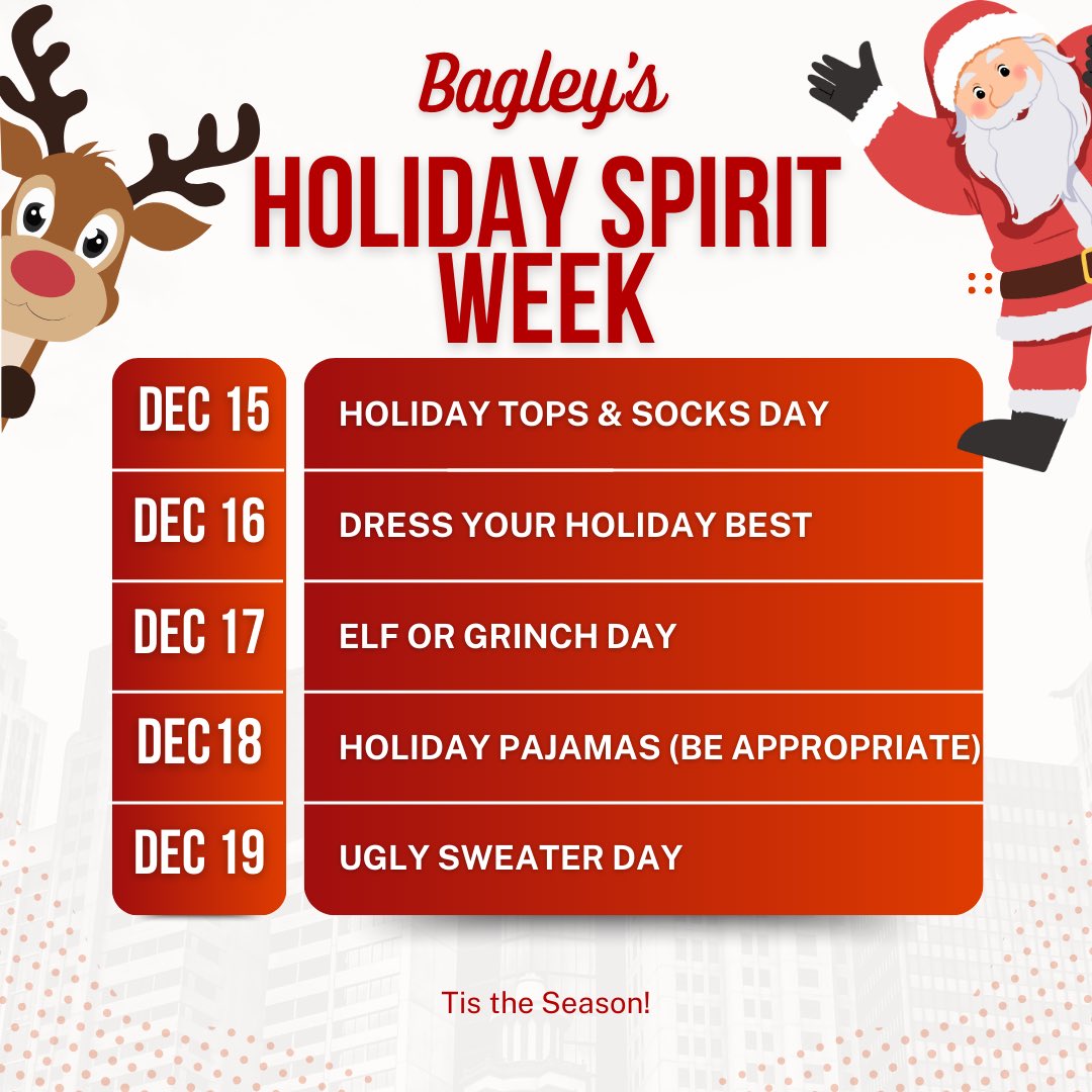 Holiday Spirit Week Is Coming! Starting Monday, 12/15

It’s the most wonderful time of the year! Get ready to show your holiday cheer as we kick off Holiday Spirit Week. 

Note: This is optional and students may opt out and wear school uniform.