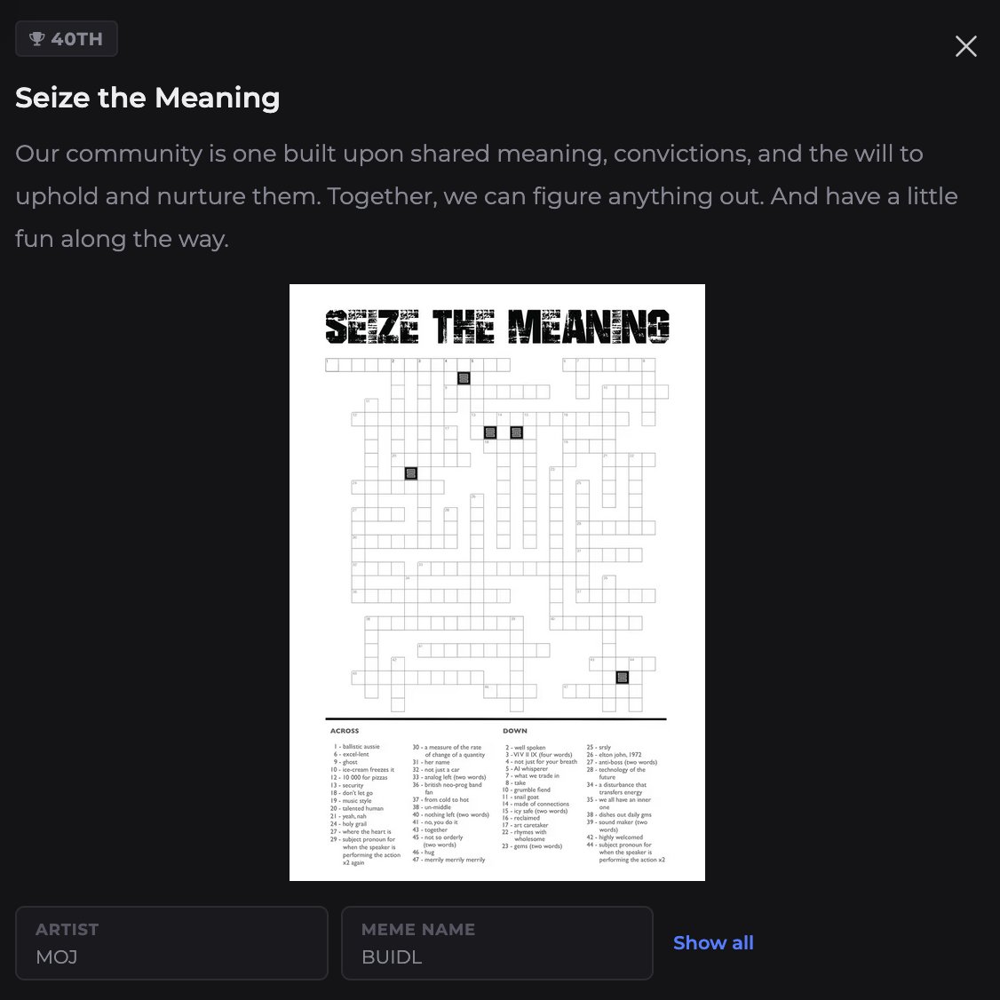 Less than 24 hours after submission, SEIZE THE MEANING has reached 40th place. 
As clue 6 Across states - excel-lent!
Thank you! 

More over on 6529 dot io (once there, click on "Show all" for some extra goodies)