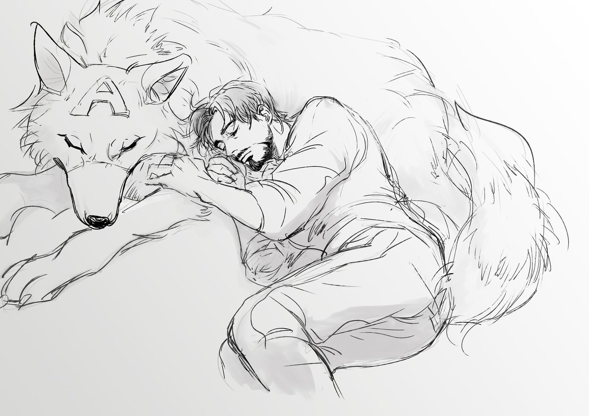 malkogromit's tweet image. Been swamped with year-end stuff, but a friend requested the cutest thing: fluffy wolf Steve as Tony’s personal pillow.
Had to sketch it immediately. 🐺💤