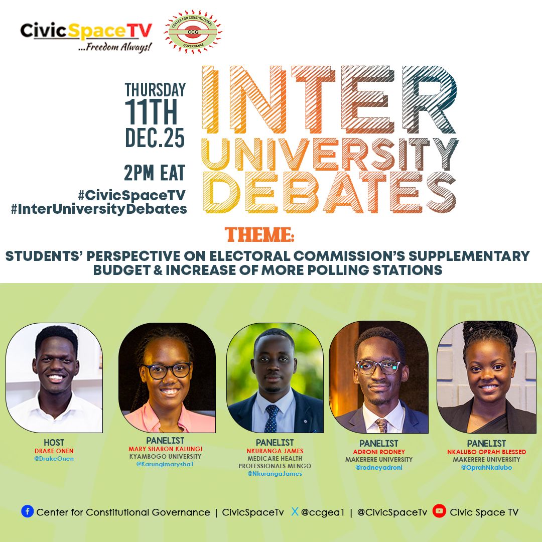 okadapausimon's tweet photo. Join the conversation on the #InterUniversityDebates
at exactly 2pm as our own @DrakeOnen hosts @KarungiMarysha1 @NkurangaJames4 @rodney_adroni @OprahNkalubo on @UgandaEC's request for a supplementary budget for elections.
#CivicSpaceTV
Showing on https://t.co/090FXEFeBu https://t.co/lLbAPcmkJ6