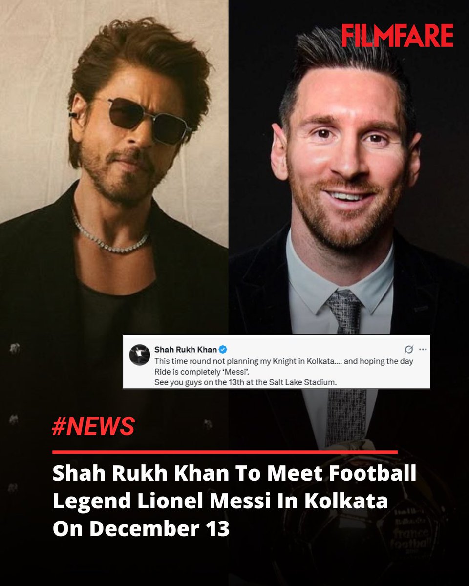 Bollywood superstar #ShahRukhKhan will attend legendary footballer #LionelMessi’s visit to Kolkata’s Salt Lake Stadium on December 13. SRK, also the owner of IPL team Kolkata Knight Riders, announced the news on X . Kolkata will be the Argentine icon’s first destination on his