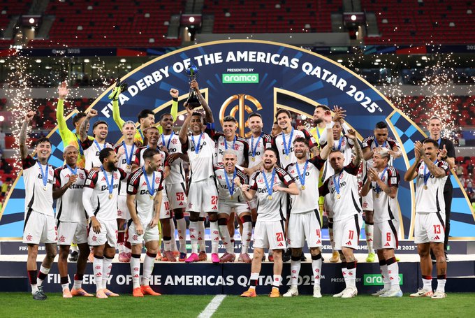 CR Flamengo after winning the FIFA Derby of the Americas 2025 match between Cruz Azul and CR Flamengo at Ahmad Bin Ali Stadium