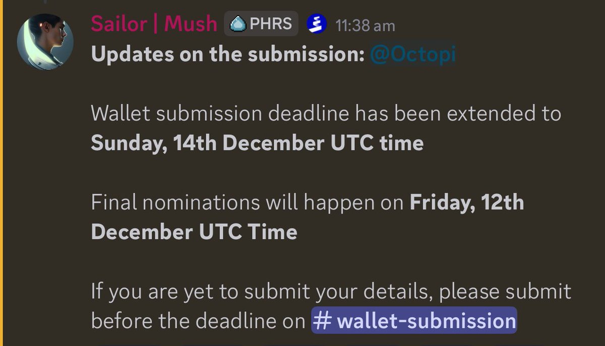 Wallet submission deadline has been extended to Sunday, 14th December UTC time

Final nominations will happen on Friday, 12th December UTC Time