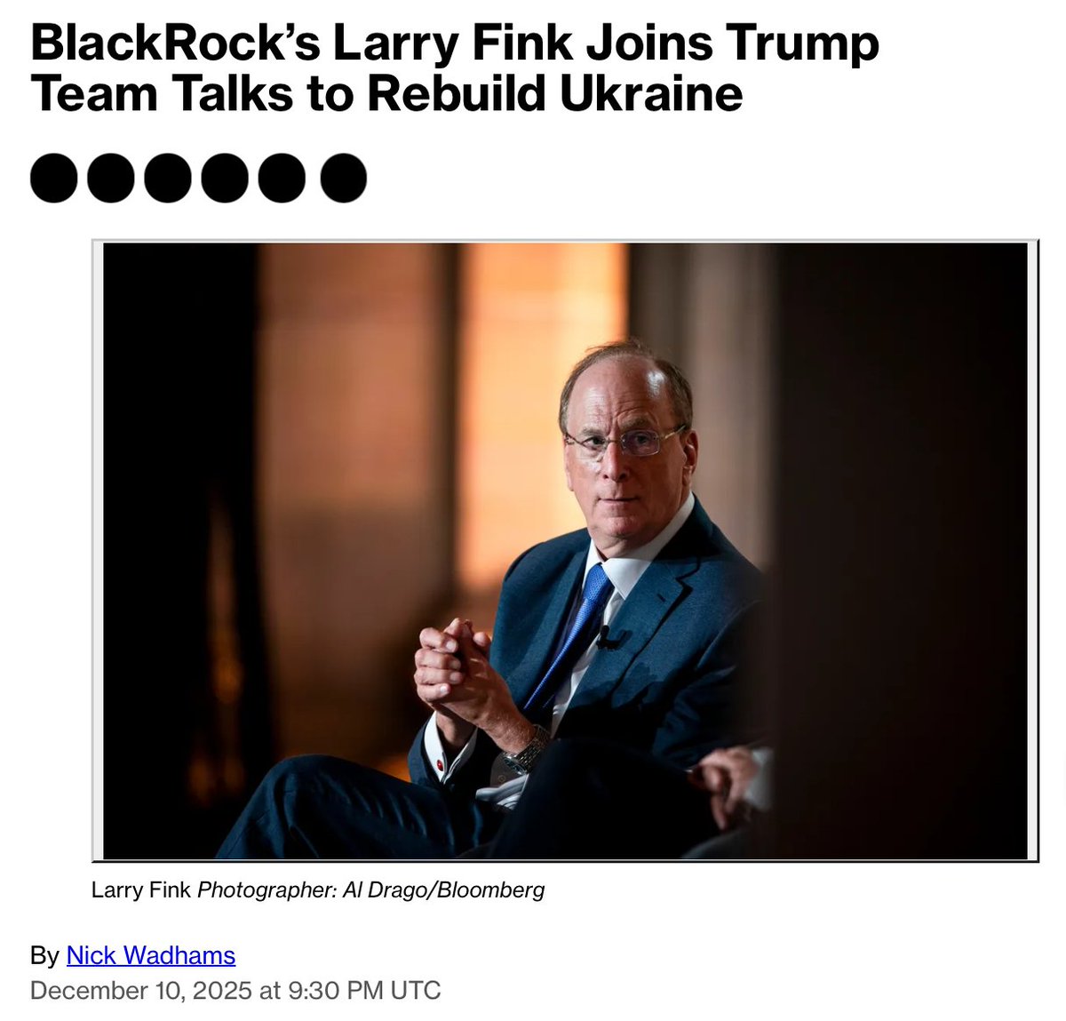 Aquí tienen ustedes al destinatario de los 90.000 millones de euros que Von der Leyen quiere entregar a Kiev en forma de "préstamo de reparación". Mi tocayo Larry se sienta en la mesa de las negociaciones sobre el futuro de Ucrania (el que se sorprenda que cambie sus fuentes):