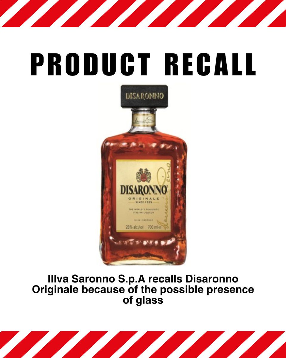 Illva Saronno S.p.A is recalling Disaronno Originale because of the possible presence of small pieces of glass within some bottles of product, which could make it unsafe to drink.

food.gov.uk/news-alerts/al…