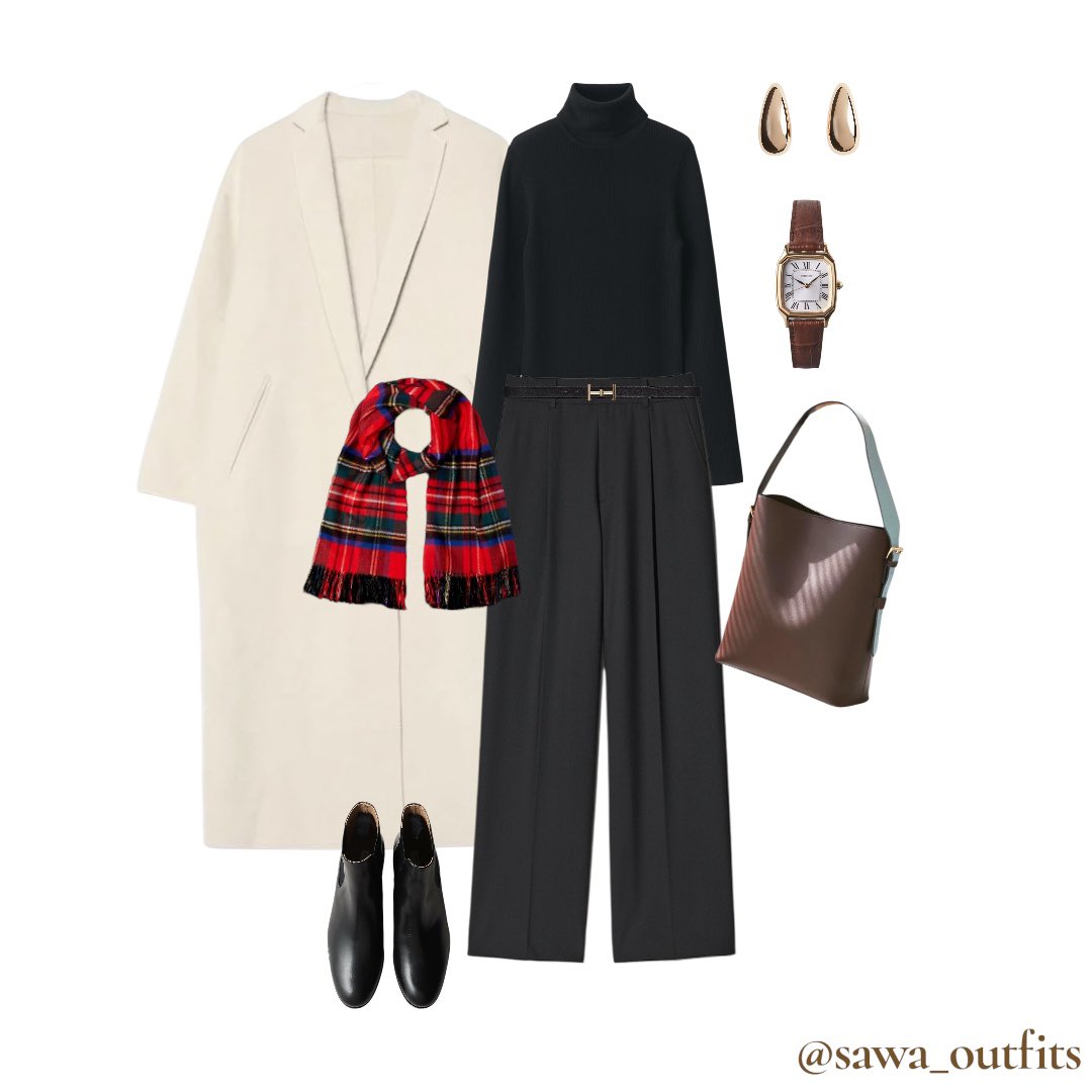 コーデ詳細👗 制服化してるUNIQLOのタートル×タックワイドパンツに白の