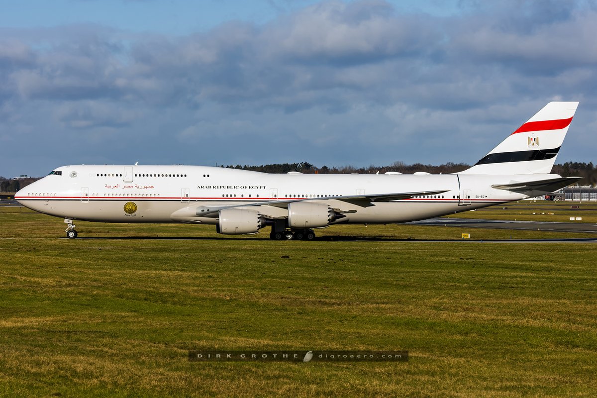 After more than 4 years at <a href="/LHTechnik/">Lufthansa Technik</a> for overhaul and cabin fitting, the new Egypt Government VIP aircraft Boeing 747-830 SU-EGY has left <a href="/HamburgAirport/">Hamburg Airport 🕊</a>  this morning on delivery to Cairo...
Built in 2011 and many years in storage in USA, the former Lufthansa D-ABYE not taken