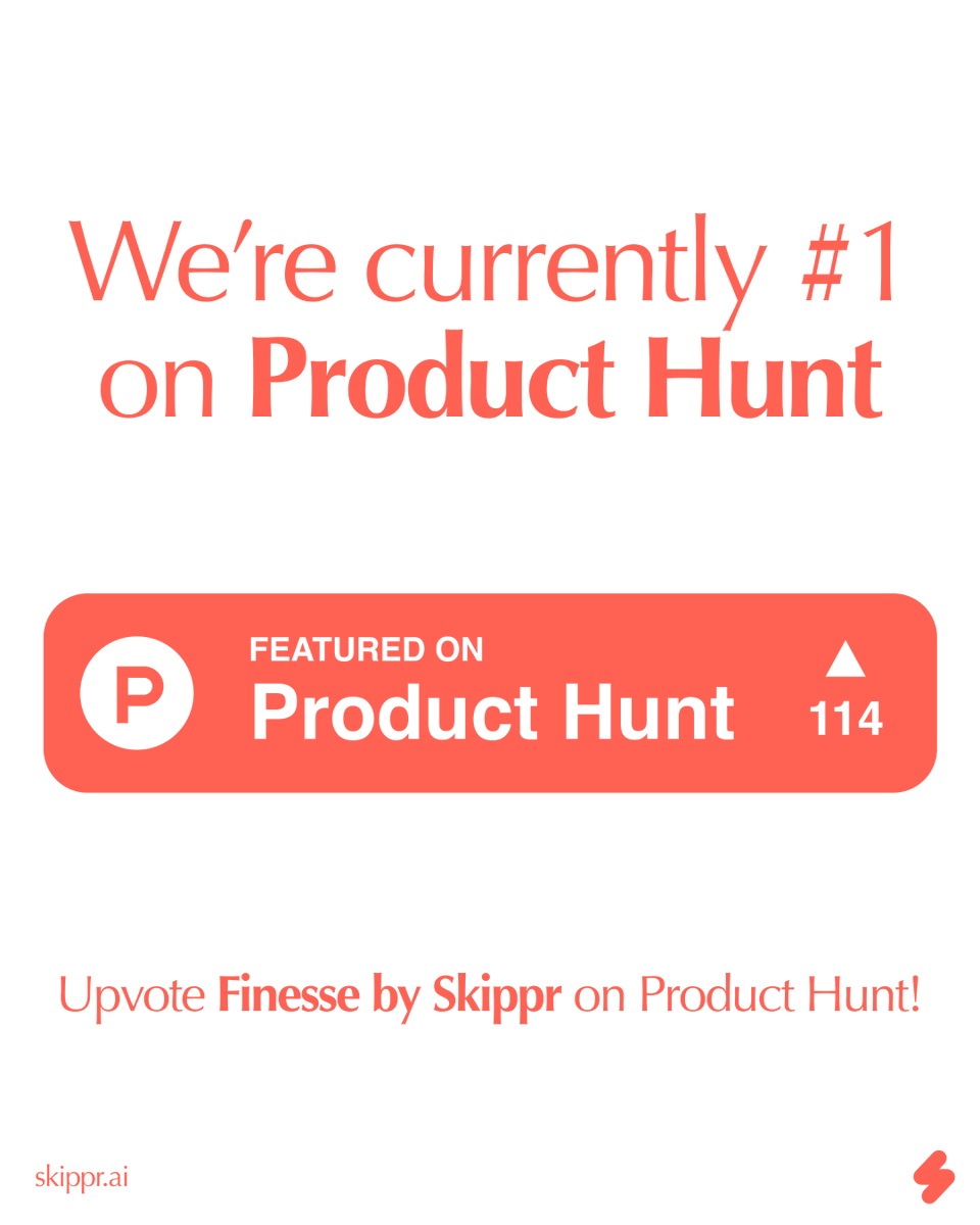 SkipprHQ's tweet photo. Finesse by Skippr is #1 on Product Hunt!🔥
Let’s keep the streak alive! Every vote and comment helps us stay on top.

P.S. If you haven’t voted yet, you still can. And don’t forget to claim 3 months FREE! Check it out here: https://t.co/D2XnBVIII1

#Skippr #ProductHunt #DevTools https://t.co/8IQpvS1g5L