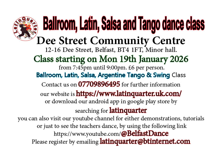Monday Dance Class starting 19th January 2026.
If planning to attend please register by emailing latinquarter@btinternet.com