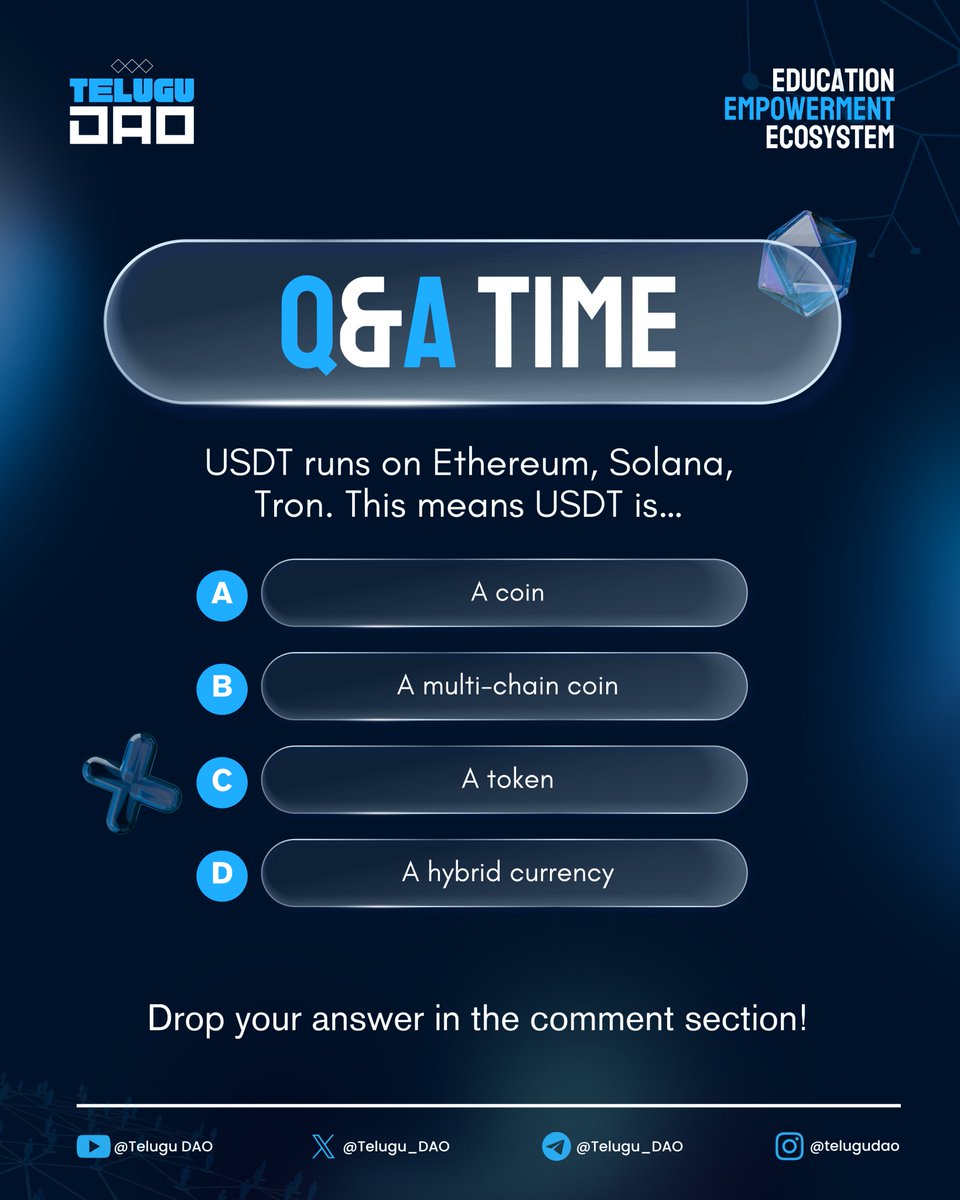 Testing Web3 knowledge today 👀🔥

Comment your answer on the post.

let’s see how many actually understand USDT.

Crypto IQ time. ⚡️ 

#Web3 #Crypto  #Web3Community #TeluguDAO