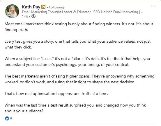 A failure can be as good as a win when it comes to figuring out what really works for your audience as <a href="/kathpay/">Kath Pay</a>  explains.

#EmailMarketing #EmailTesting #EmailStrategy