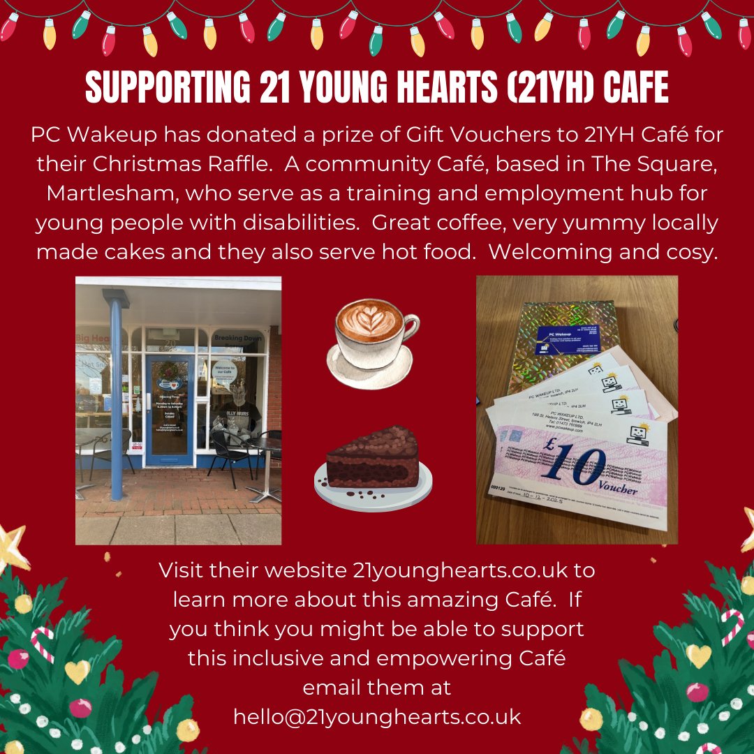 PC Wakeup proudly supports 21 Young Hearts (21YH) Café ❤️A cosy community spot in Martlesham serving amazing coffee ☕, tasty local cakes 🍰 &amp; hot food 🍲 - while empowering young people with disabilities. <a href="/21_younghearts/">21 Young Hearts Cafe</a> 21_young_hearts_cafe #PCWakeup #Ipswich #Suffolk