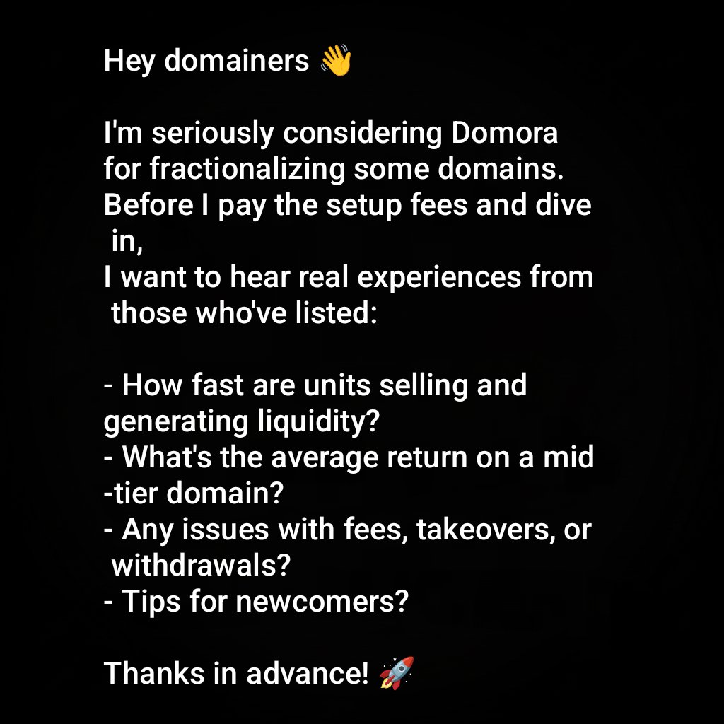 domainfyrbrand's tweet photo. Asking the domaining community for real Domora experiences before paying the setup fees 💸
@domoracom @TruDomainz @Azmaldomainer @marc_lozinski
#Domora #Domains #Web3 #NFT #DomainInvesting #DomainFi #Blockchain https://t.co/1D87HCtxuX