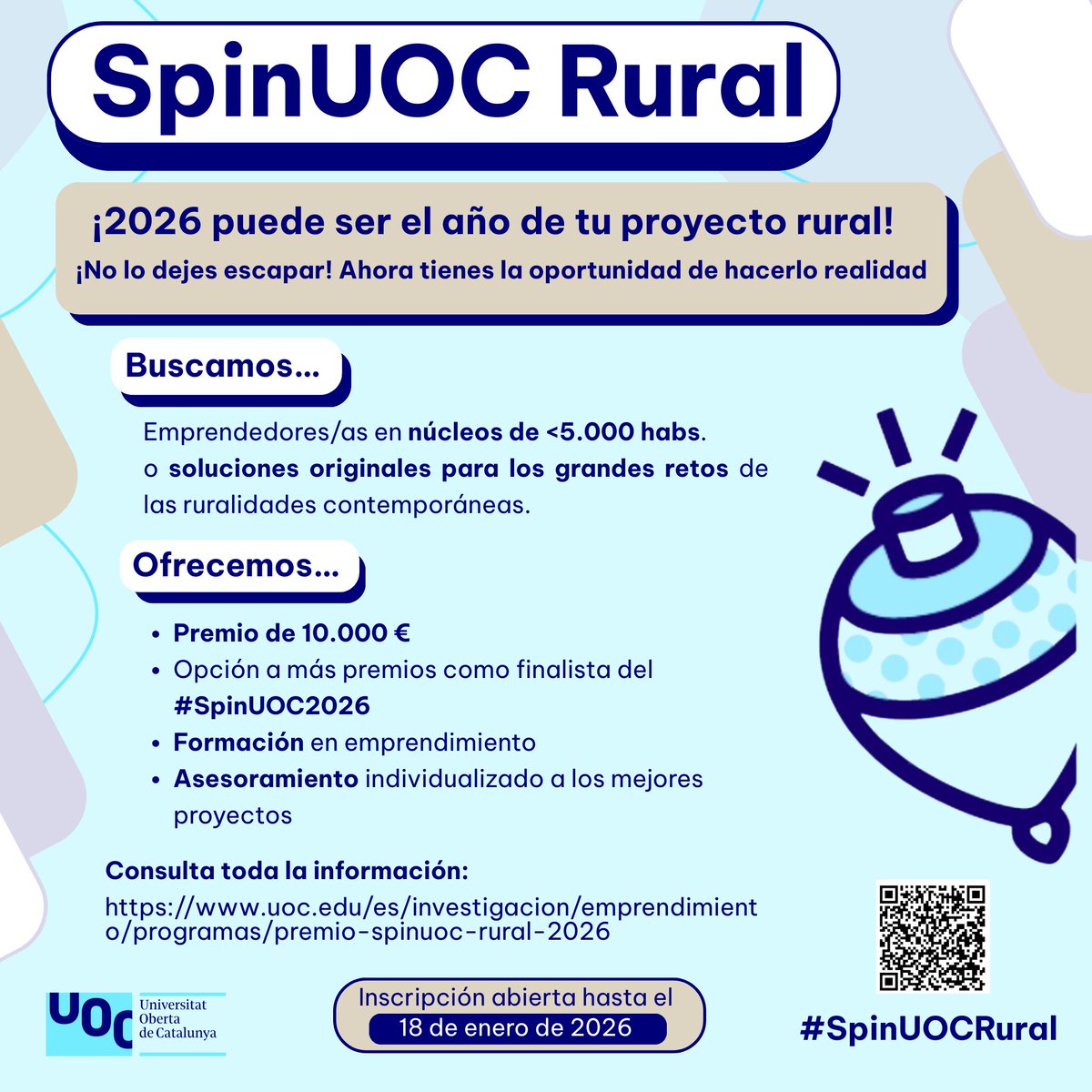 SpinUOC Rural 2026. Primera edición de los Premios SpinUOC Rural al mejor proyecto con impacto en áreas rurales y en los desafíos de las ruralidades contemporáneas.

➡ uoc.edu/es/investigaci…

#MontañasDelTeleno #MujerRural #Teleno #DesarrolloRural #Cultura #Formación