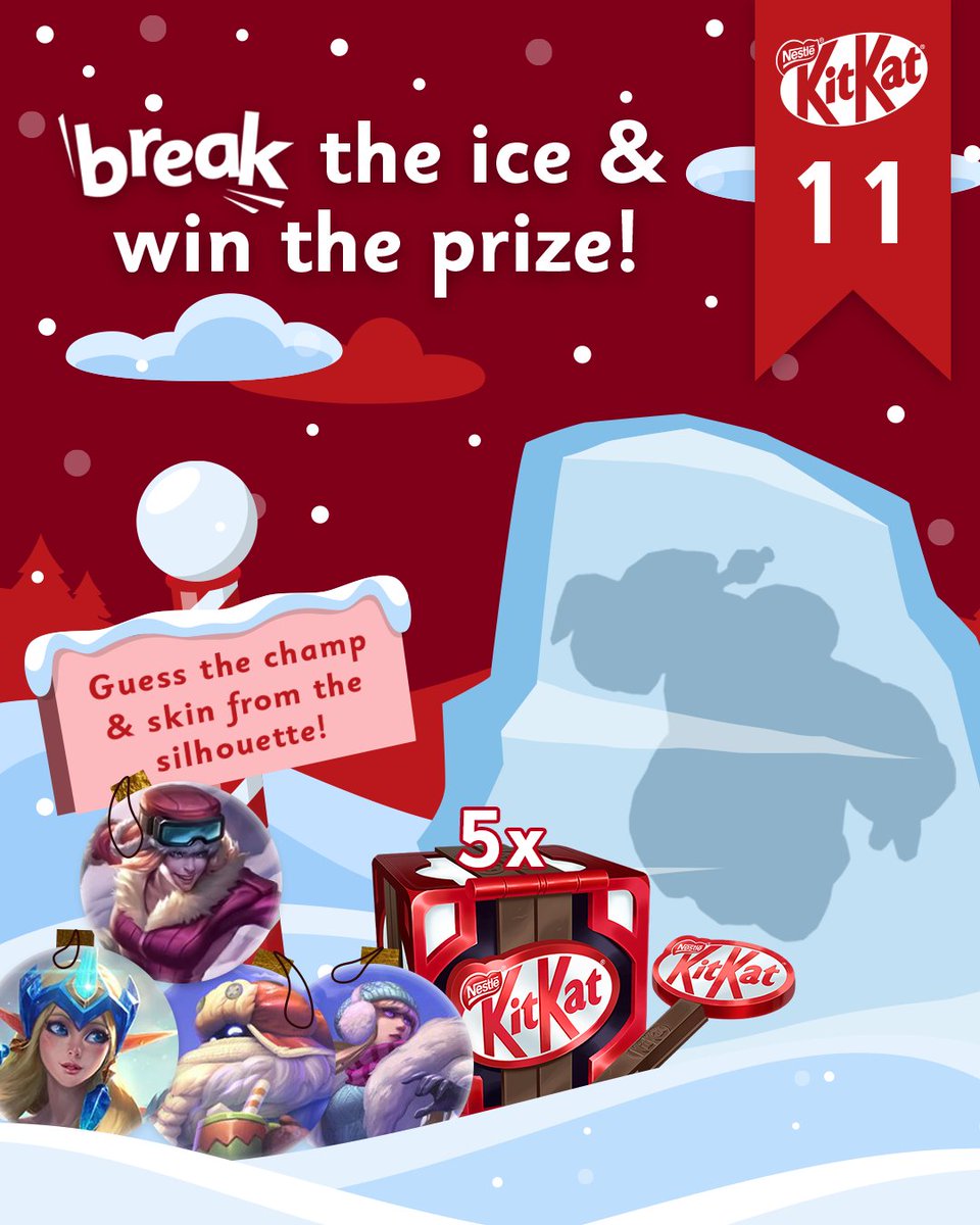 Break the Ice &amp; Win the Prize! - Day 11 ❄️

Today you have the chance to win a Winter Skin Bundle including 4 skins and 5 KitKat Hextech chests! ⛷️

To enter:
➡️ Follow <a href="/KITKATGaming/">KITKAT Gaming 🎮</a>
➡️ Like, repost and comment the correct answer!