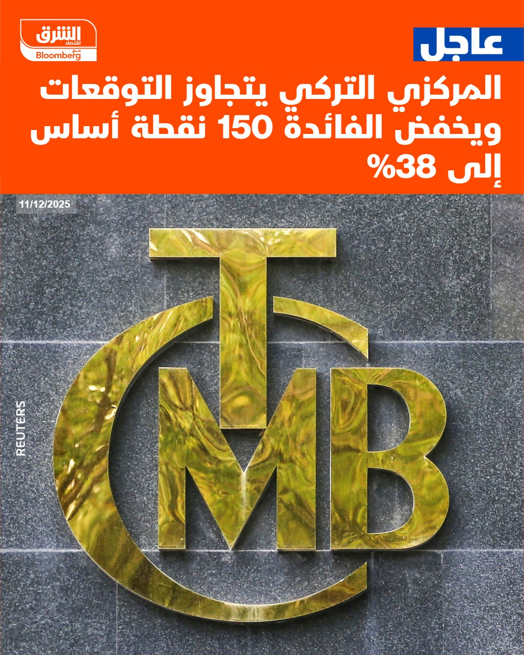 عاجل المركزي التركي يتجاوز التوقعات ويخفض الفائدة 150 نقطة أساس إلى 38% #اقتصاد_الشرق 