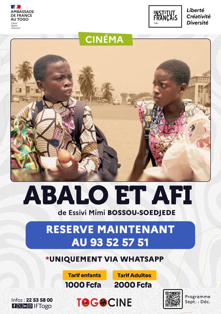 selfmmindustry's tweet photo. 🎬 Le compte à rebours continue… JJ-3 !
Ce samedi 13 décembre, l’Institut Français du Togo vous ouvre ses portes pour la projection du film ABALO ET AFI, réalisé par Essivi Mimi Bossou-Soedjede.
Venez nombreux ! 🍿✨
#AbaloEtAfi #CinémaTogolais @IFTogo https://t.co/t6O2rTMuEN