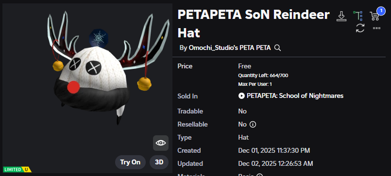 Xh0PlUgc's tweet image. 🔴New limited item &amp;lt;&amp;lt; PETAPETA School of Nightmares &amp;gt;&amp;gt;

📦Stock: 700
❗How to get it: You will need to win it in roulette.

➡️roblox.com/catalog/960946…
➡️roblox.com/games/11028022…

#Roblox #RobloxDev #RobloxFreeUGC #RobloxUGCLimited