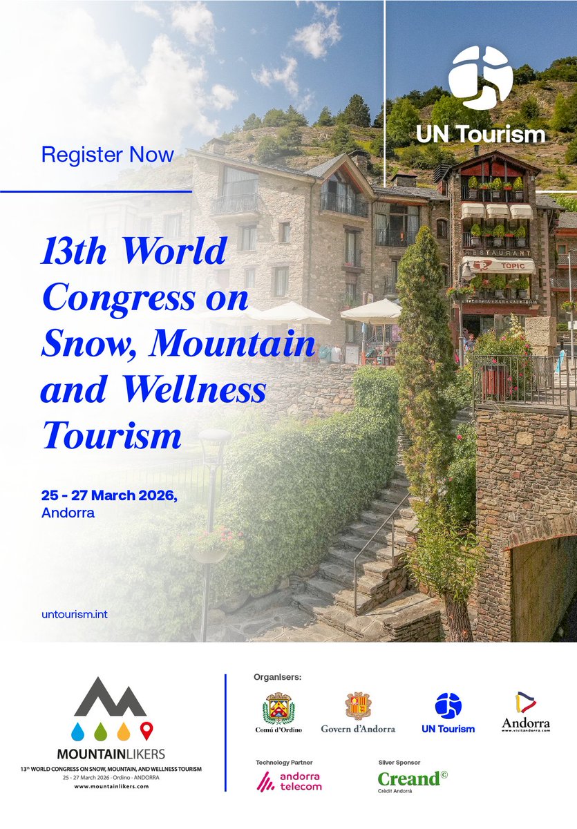 Happy International Mountain Day! 🏔️
Registrations are NOW OPEN for the 13th World Congress on Snow, Mountain and Wellness Tourism (25–27 March 2026, Andorra).
Join the global dialogue on the future of mountain tourism — register now.
➡️🔗untourism.int/events/13th-wo…
#MountainsMatter