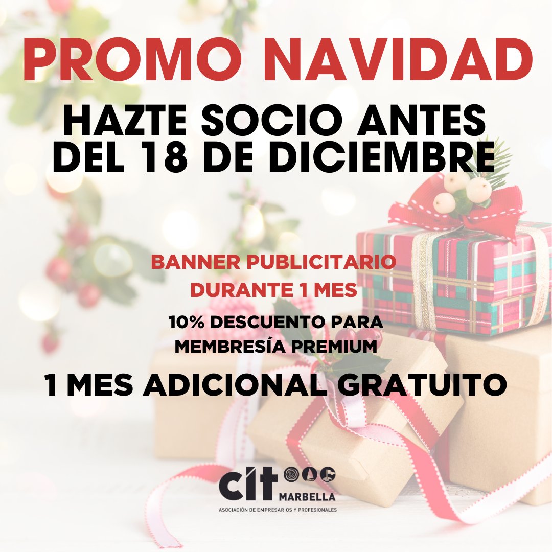 Si me sigues, ya habrás visto que CIT Marbella es mucho +9que una asociación empresarial.🎁 Y ahora es el mejor momento para unirte con esta promoción especial de fin de año para nuevos asociados. Si quieres saber más, escríbenos: comunicacionyprensa1@citmarbella.es
