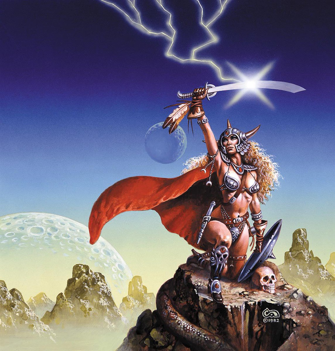 YoDanno's tweet photo. Some great Late Night Clyde Caldwell for your day…

“Amazon” (1982, Acrylics) was  a promotional painting for the Doubleday Science Fiction Book Club.

Card carrying member of the NoPantsClub

Oh….and Orbs 💘 https://t.co/jhZ6XeTkrU