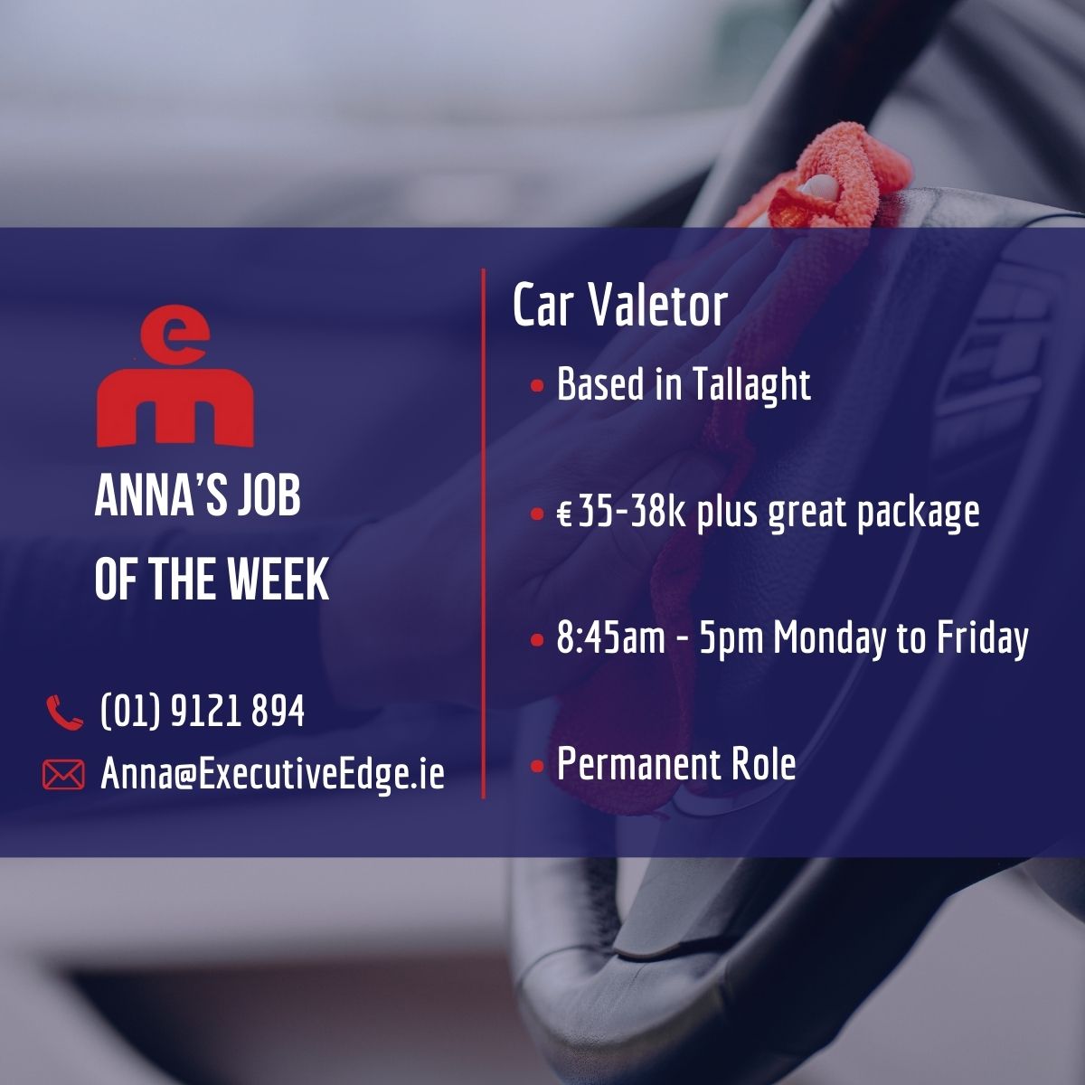 Anna has a new opportunity as a Car Valetor based in Dublin 24. If this role if of interest to you, call Anna on (01) 9121 894.
Find out more at: executiveedge.ie/job/car-valete…
#DublinJobs #CarJobs