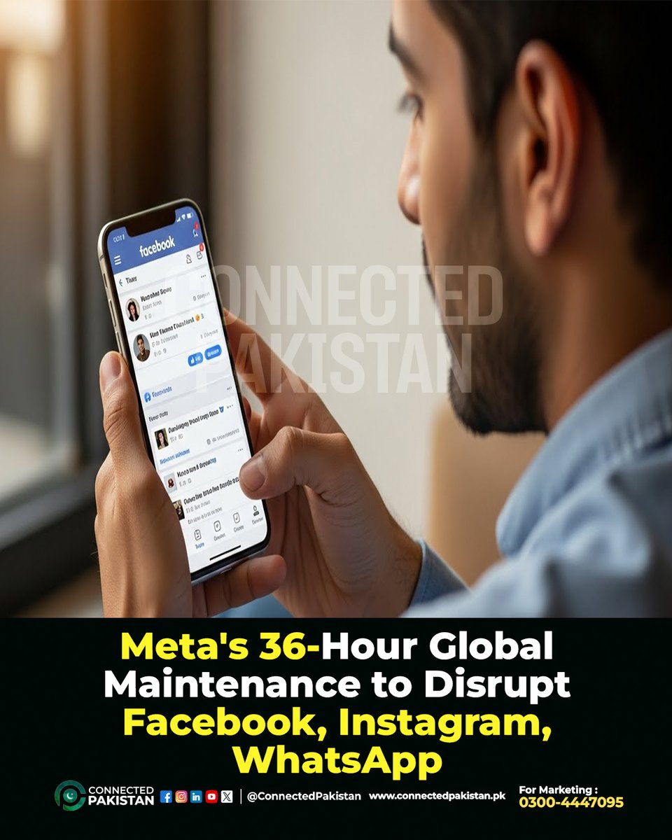 ConnectedPak's tweet image. PTA warns of disruptions on Facebook, Instagram, &amp;amp; WhatsApp due to Meta's planned 36-hour global maintenance. Expect intermittent outages. Plan your communications accordingly. #Meta #FacebookDown #Instagram #WhatsApp #PTA #ConnectedPakistan